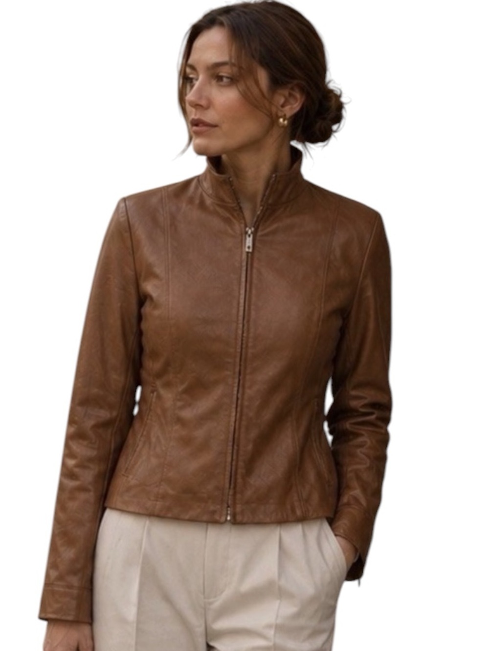 Cole Haan Women Wing Collar‎ Leather Jacket Lambskin Size 10 Caramel Old Money